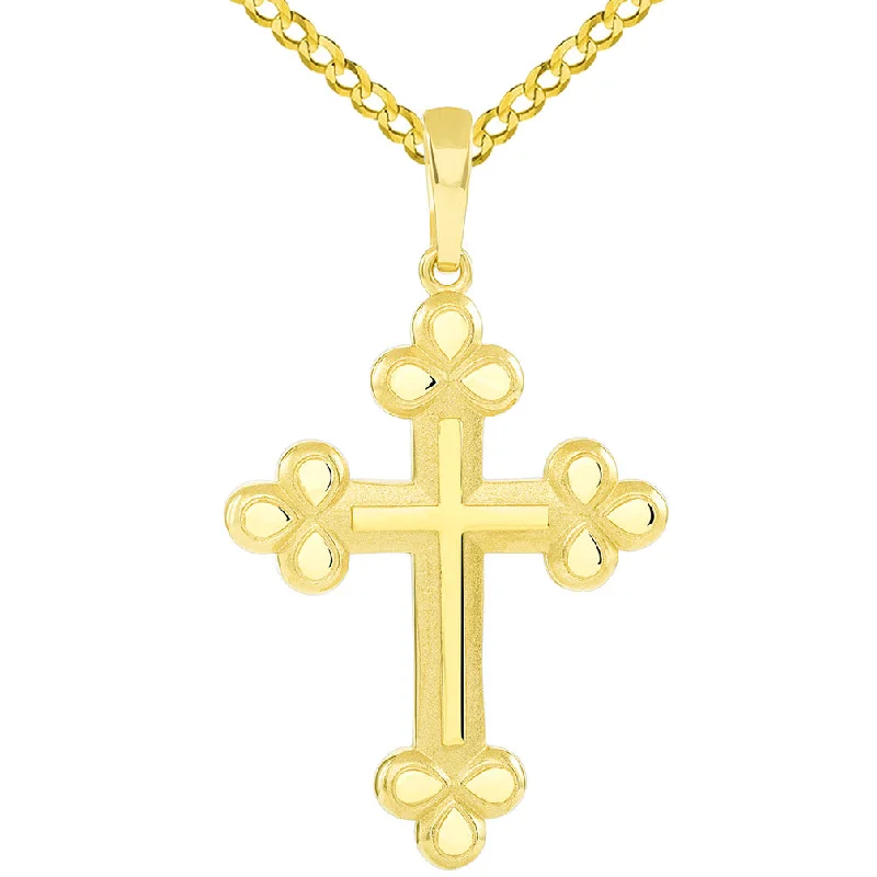 14k Gold Polished and Matte Finish Christian Eastern Orthodox Cross Pendant with Cuban Necklace - Yellow Gold