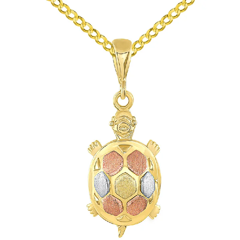 14K Tri-Color Gold Fancy Turtle Charm Animal Pendant with Cuban Chain Necklace