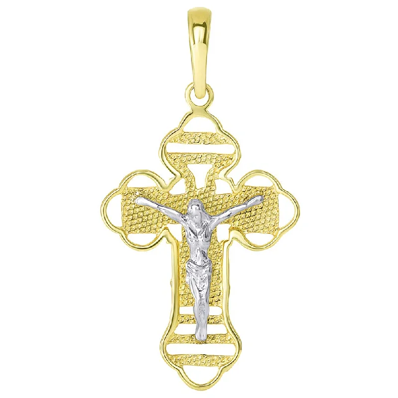 14k Two Tone Gold Outlined Orthodox Cross Jesus Christ Crucifix Pendant