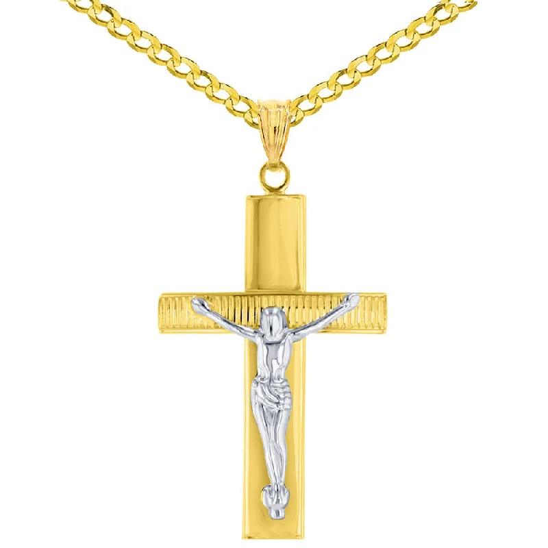 14K Two-Tone Gold Roman Catholic Cross Crucifix with Jesus Christ Pendant Necklace