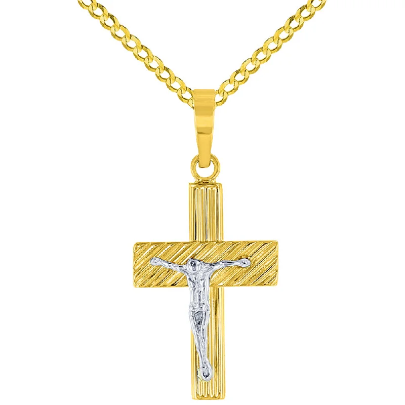 14K Two-Tone Gold Rugged Edged Cross Crucifix Pendant with Cuban Chain Necklace