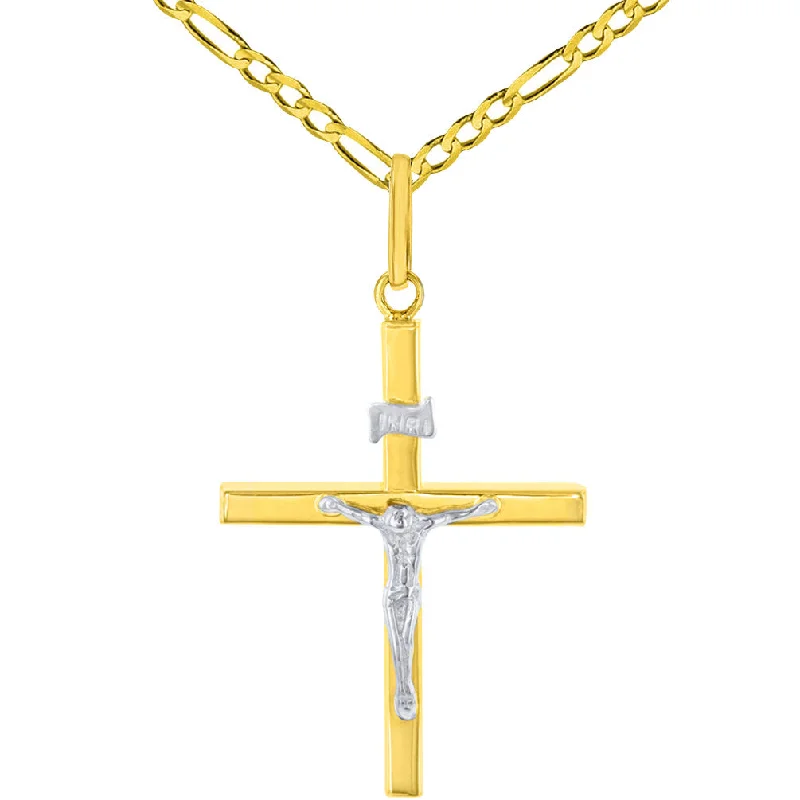 14K Two-Tone Gold Slender Cross INRI Crucifix Pendant Necklace