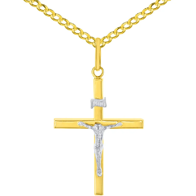 14K Two-Tone Gold Slender Cross INRI Crucifix Pendant Necklace