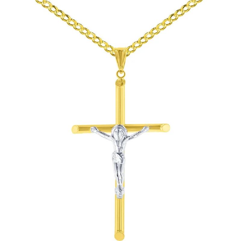 14K Two-Tone Gold Slender Crucifix Charm Cross with Jesus Christ Pendant Necklace