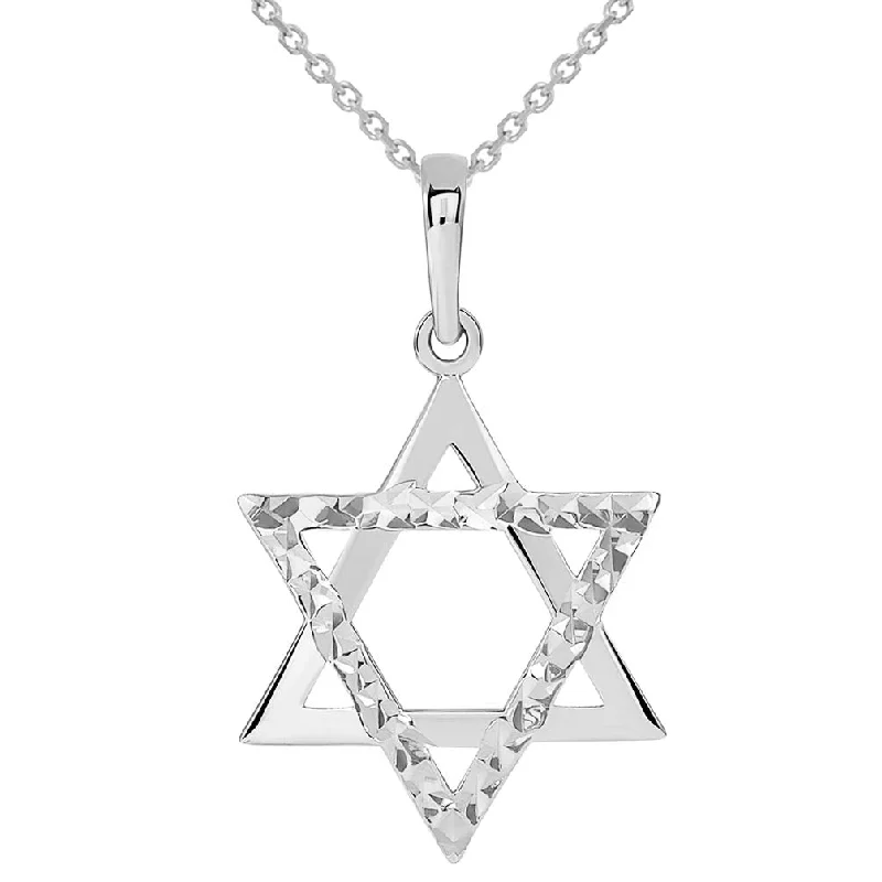 14k White Gold High Polished and Sparkle Cut Hebrew Star of David Pendant Necklace