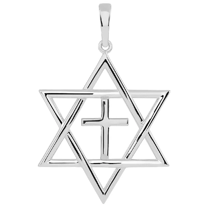 14k White Gold Jewish Star of David with Religious Cross Judeo Christian Pendant 34.8mm x 23mm