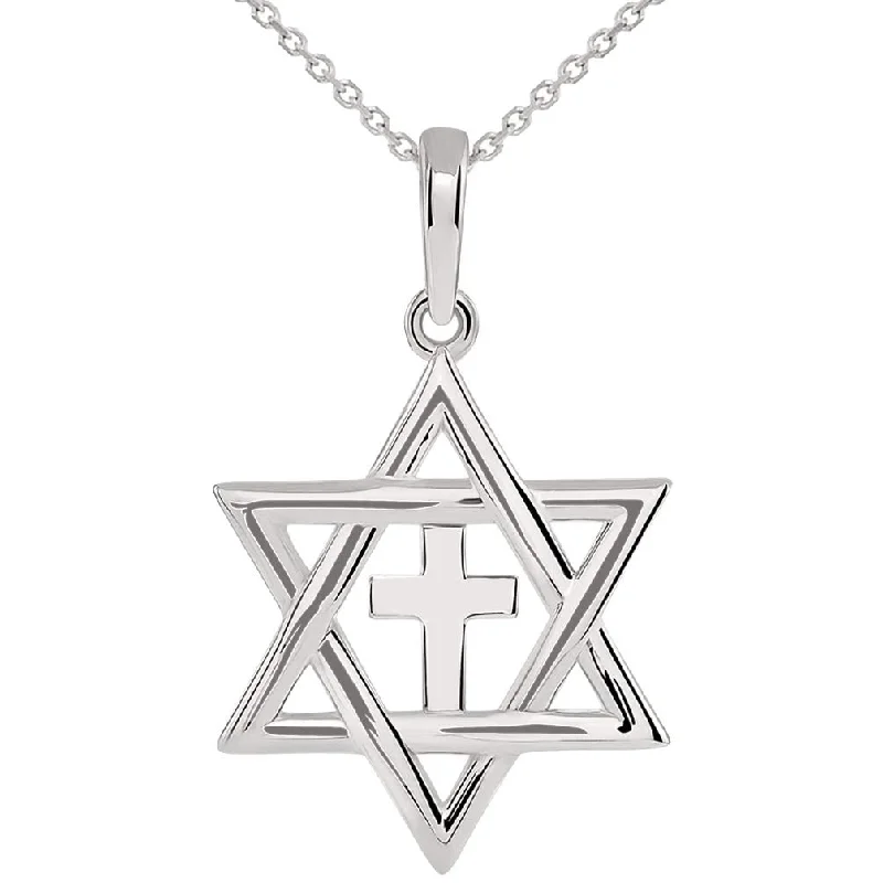 14k White Gold Jewish Star of David with Religious Judeo Christian Cross  Pendant Necklace