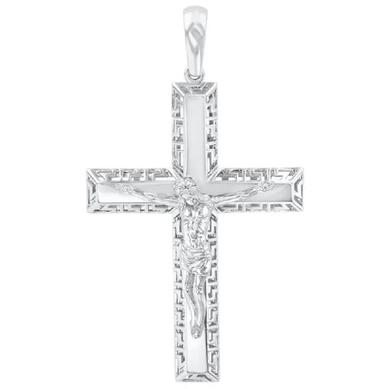 14K White Gold Large Cross Greek Key Pattern Crucifix Pendant