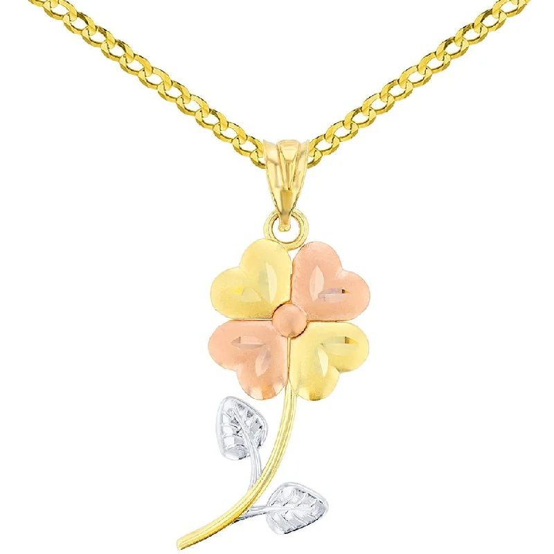 14K Yellow Gold & Rose Gold Textured Tri Color Celtic Four Leaf Clover Charm Pendant Cuban Chain Necklace