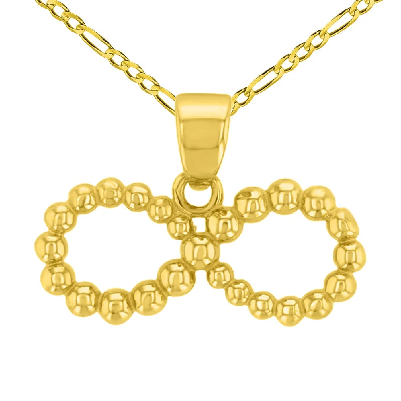 14K Yellow Gold Beaded Style Infinity Pendant with Figaro Chain Necklace