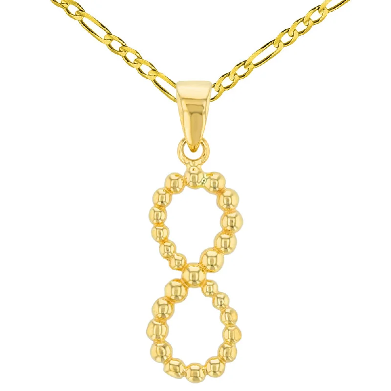 14K Yellow Gold Beaded Vertical Infinity Pendant with Figaro Chain Necklace