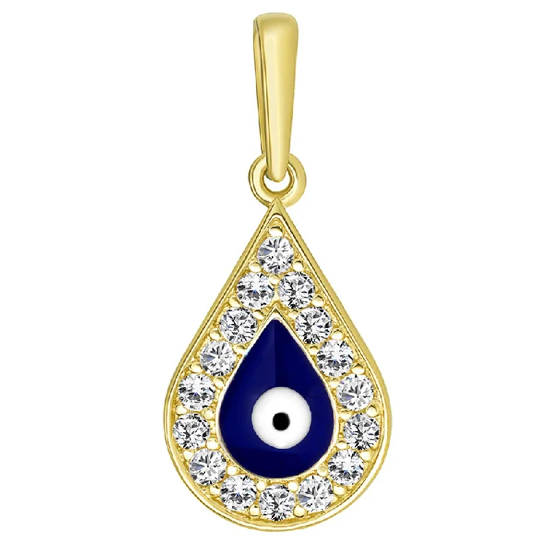 14k Yellow Gold Cubic Zirconia Teardrop Blue Evil Eye Charm Pendant