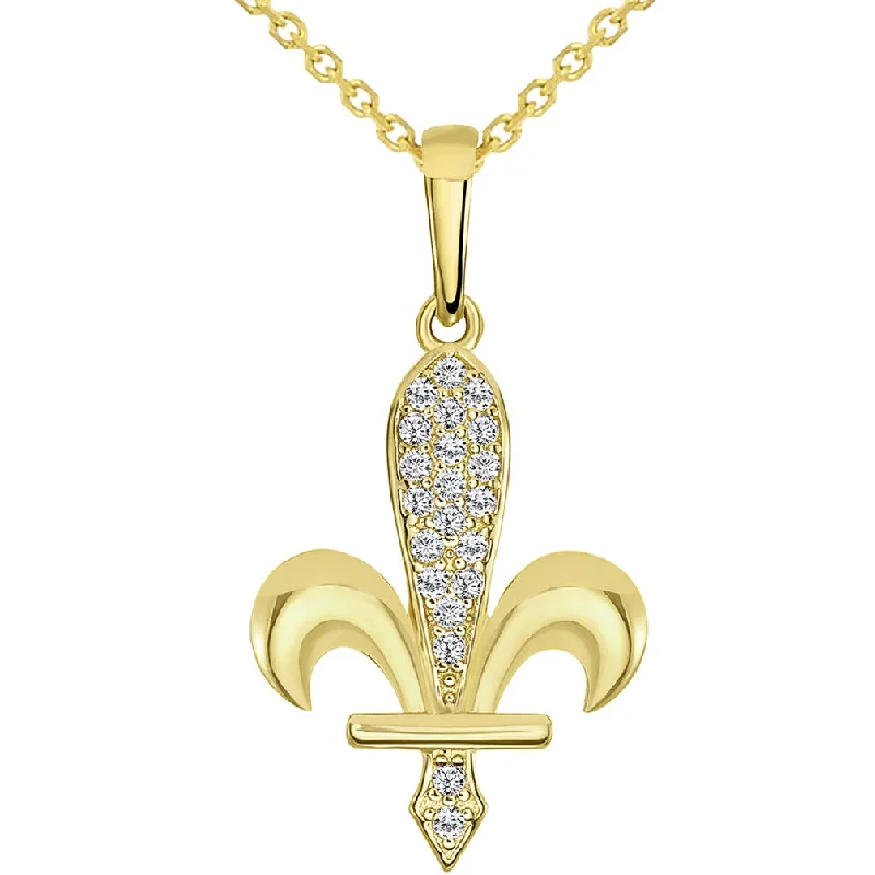 14k Yellow Gold CZ Bosnian Fleur de Lis Pendant Necklace Available with Rolo, Curb, or Figaro Chain