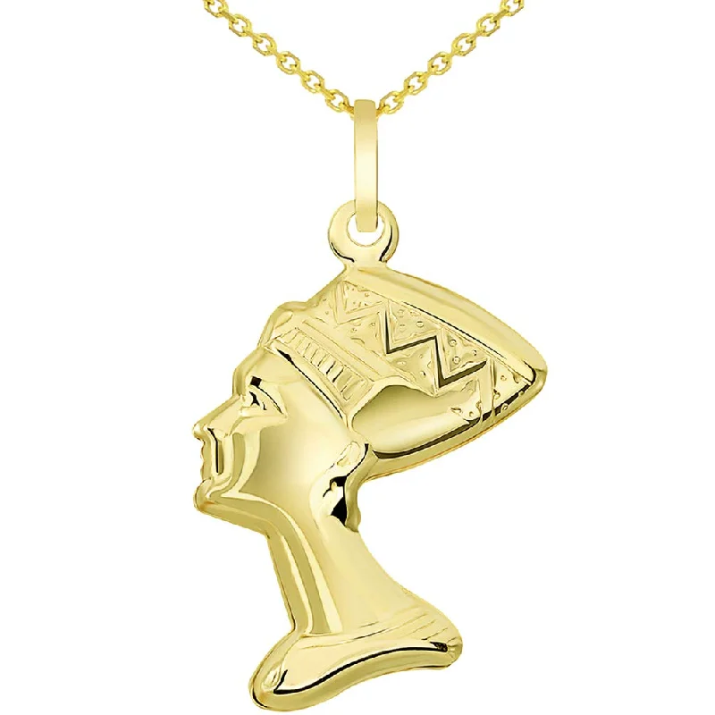 14k Yellow Gold Head of Egyptian Queen Nefertiti Pendant Necklace Available with Rolo, Curb, or Figaro Chain Necklace