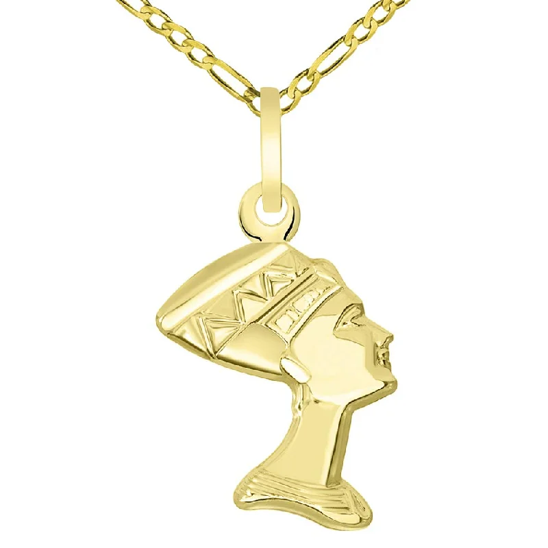 14k Yellow Gold Head of Egyptian Queen Nefertiti Pendant Necklace - Available with Rolo, Curb, or Figaro Chain Necklaces