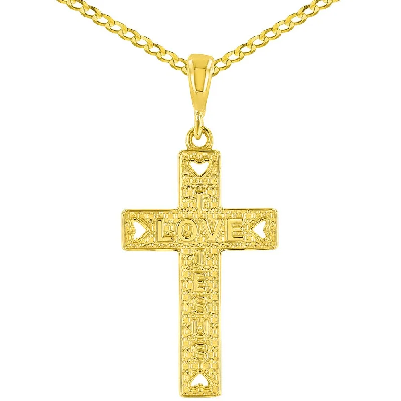 14K Yellow Gold I Love Jesus Cross Charm Pendant Cuban Concave Necklace