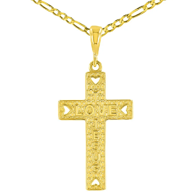 14K Yellow Gold I Love Jesus Cross Charm Pendant Figaro Chain Necklace