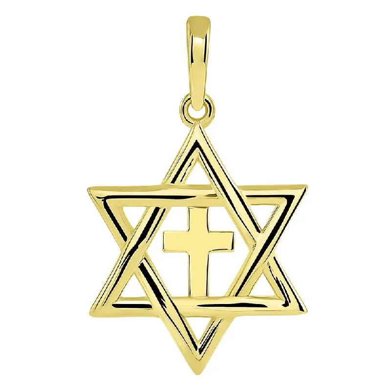 14k Yellow Gold Jewish Star of David with Religious Cross Judeo Christian Pendant (Small)