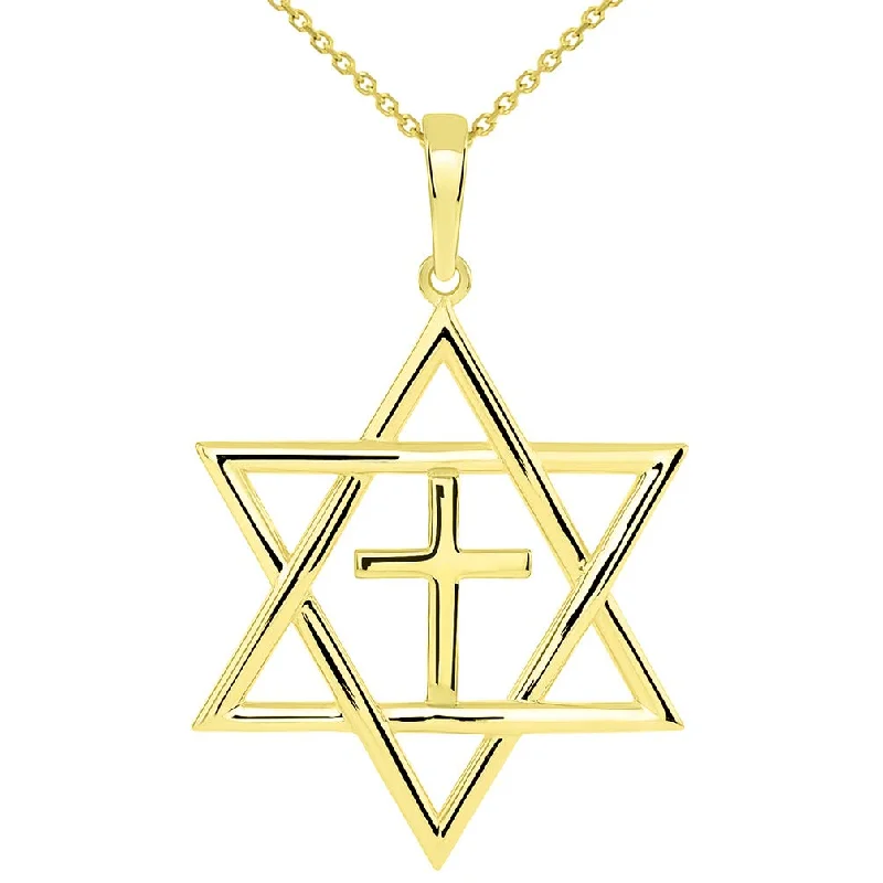 14k Yellow Gold Medium Jewish Star of David with Religious Cross Judeo Christian Pendant - Available with Rolo, Curb, or Figaro Chain Necklaces