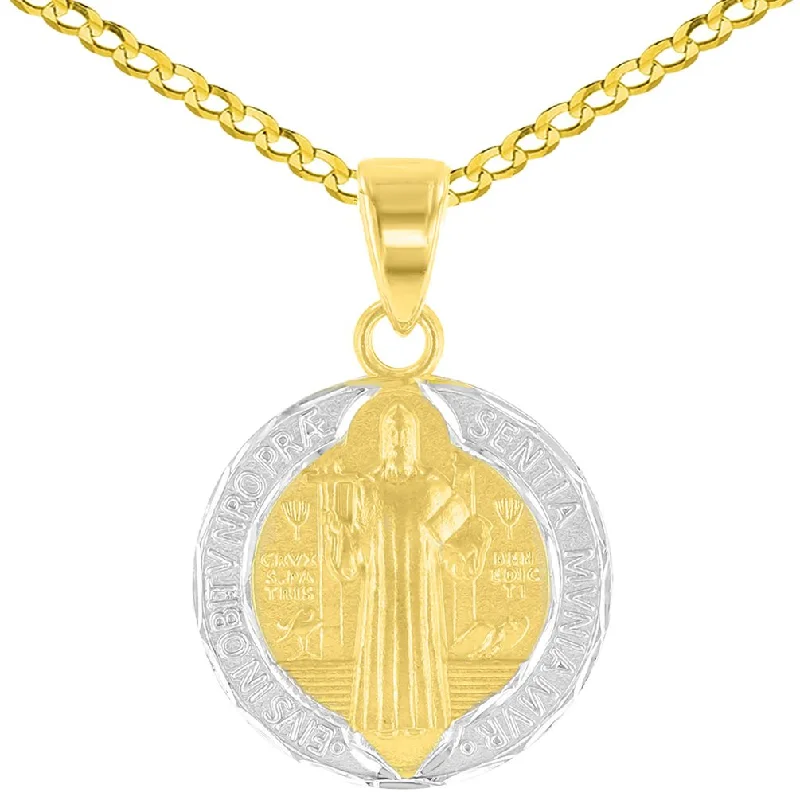 14K Yellow Gold Polished and Satin St Benedict Medal Charm Saint Pendant Cuban Chain Necklace