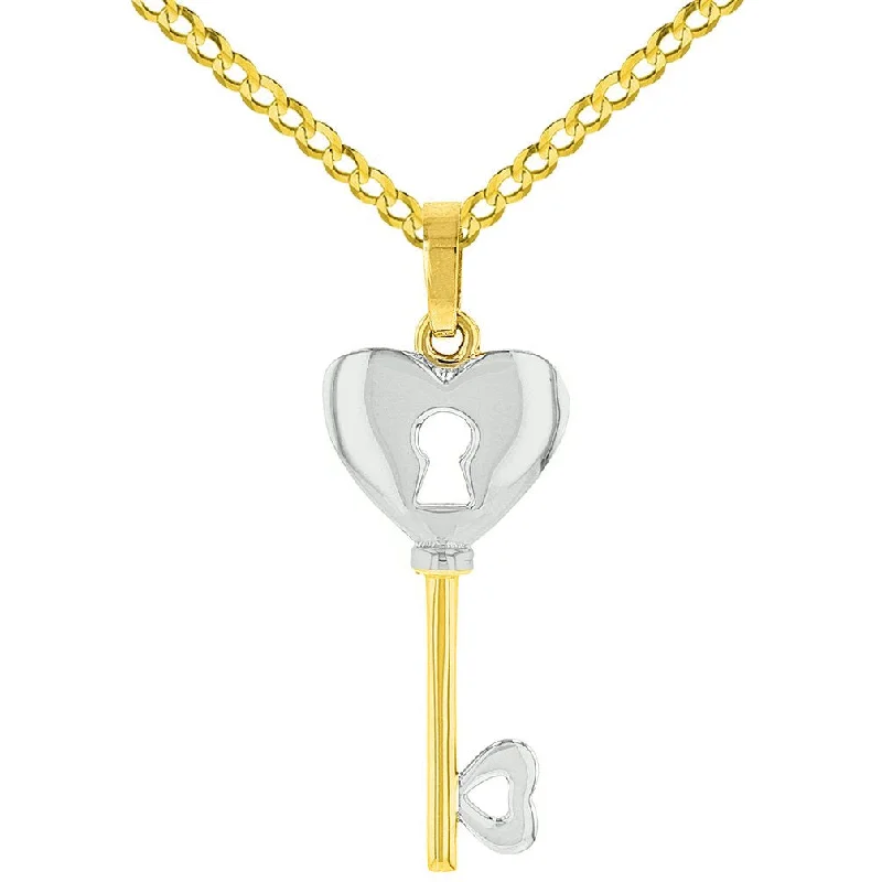 14K Yellow Gold Polished Key to My Heart Love Pendant with Cuban Chain Necklace