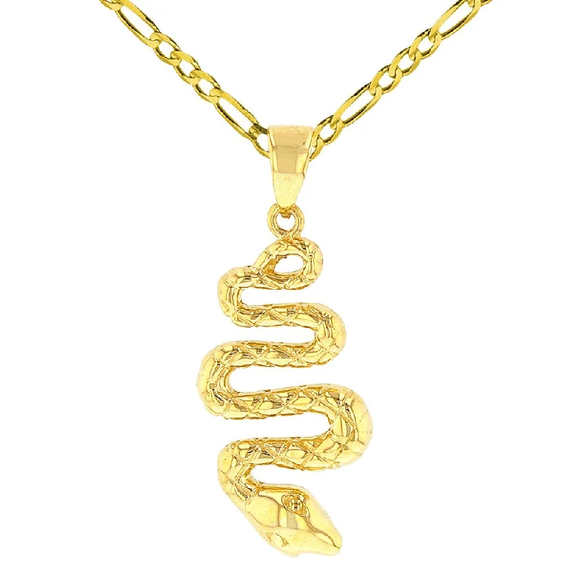 14K Yellow Gold Polished Snake Charm Animal Pendant with Figaro Chain Necklace