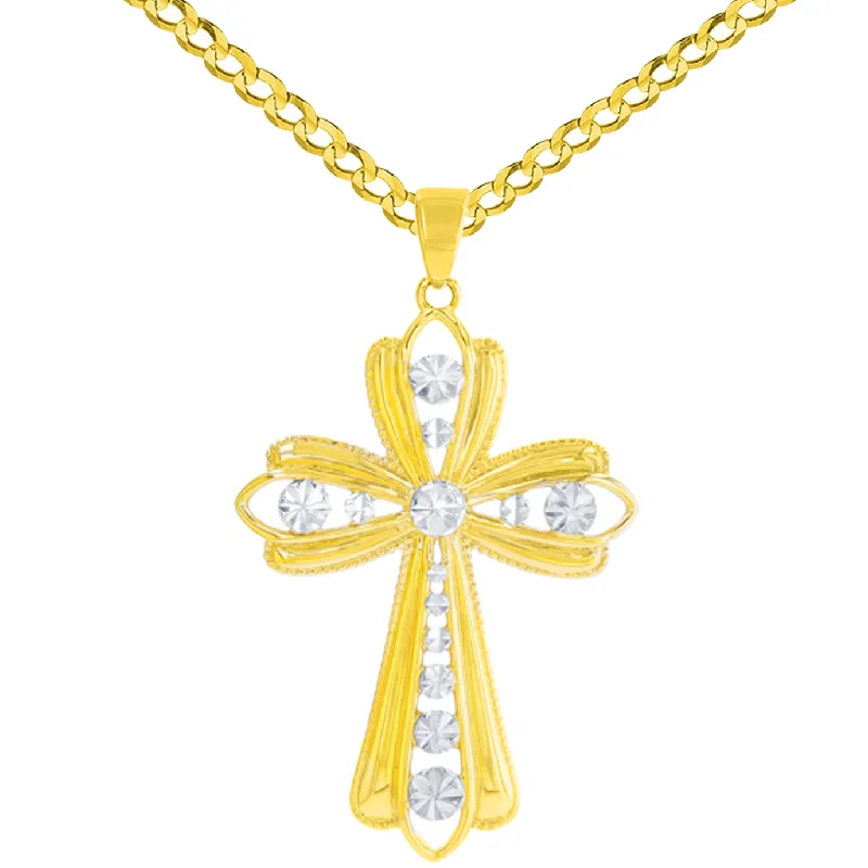 14K Yellow Gold Polished Textured Milgrain Edged Cross Pendant Cuban Chain Necklace