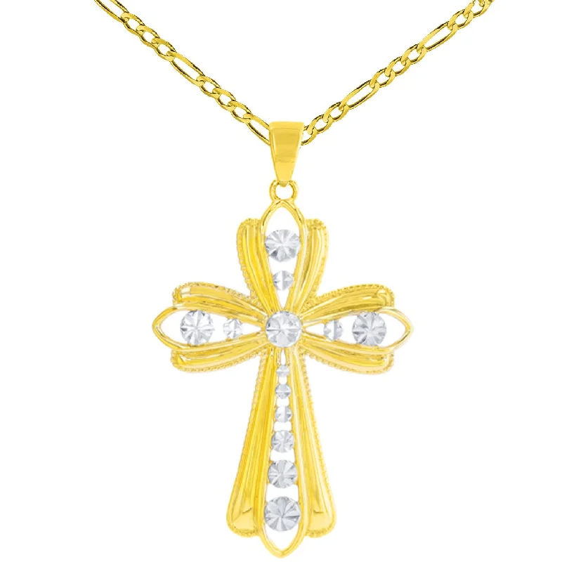 14K Yellow Gold Polished Textured Milgrain Edged Cross Pendant Figaro Chain Necklace