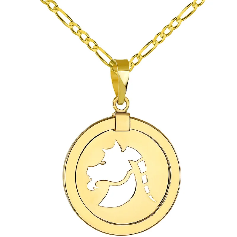 14K Yellow Gold Reversible Round Capricorn Goat Zodiac Sign Pendant with Figaro Chain Necklace