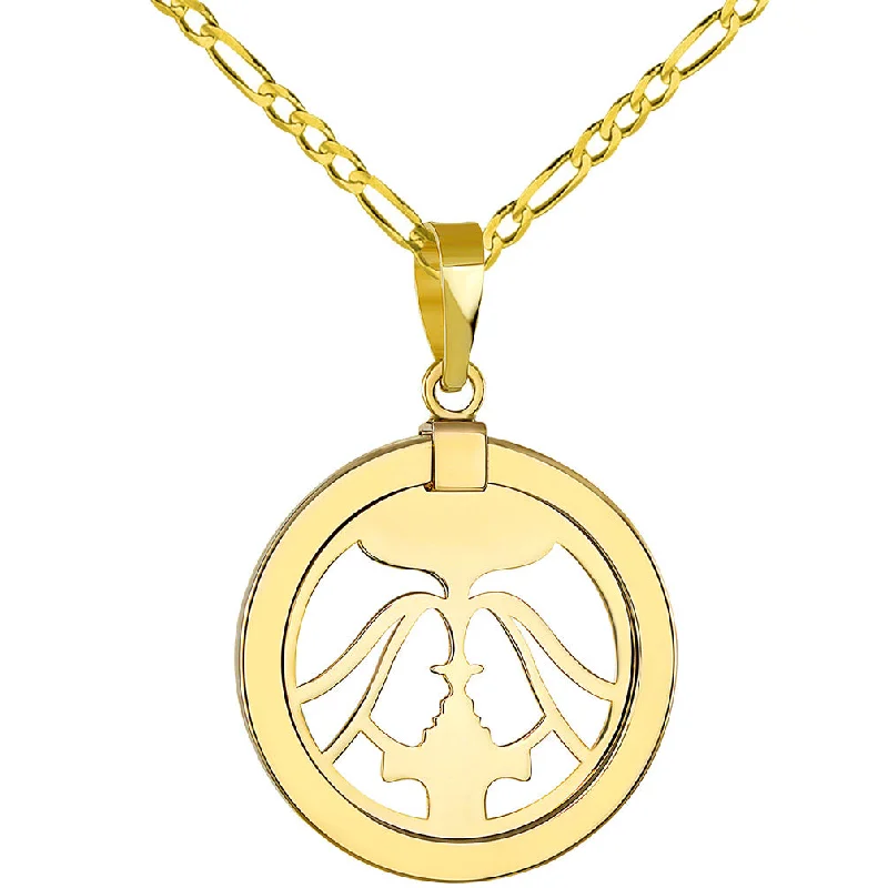 14K Yellow Gold Reversible Round Gemini Twins Zodiac Sign Pendant with Figaro Chain Necklace