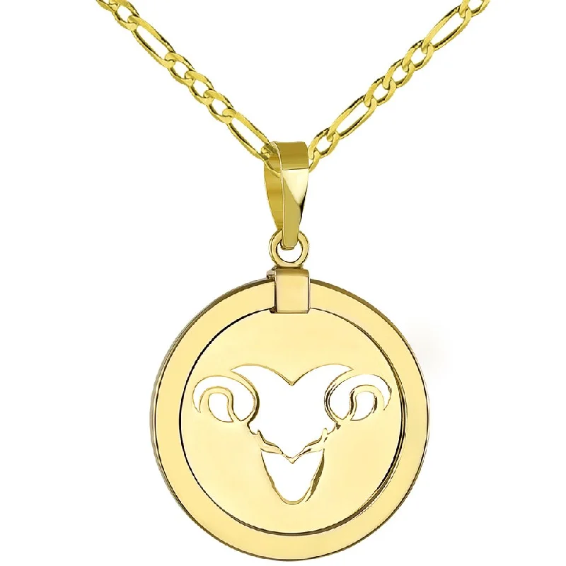 14K Yellow Gold Reversible Round Ram Aries Zodiac Sign Pendant with Figaro Chain Necklace