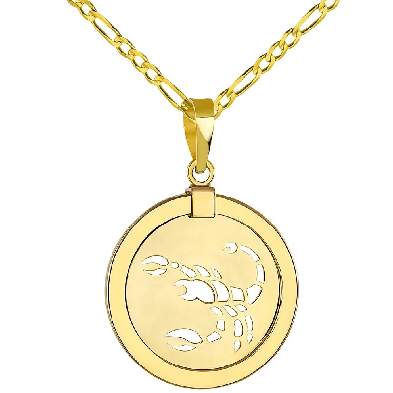 14K Yellow Gold Reversible Round Scorpion Scorpio Zodiac Sign Pendant with Figaro Chain Necklace