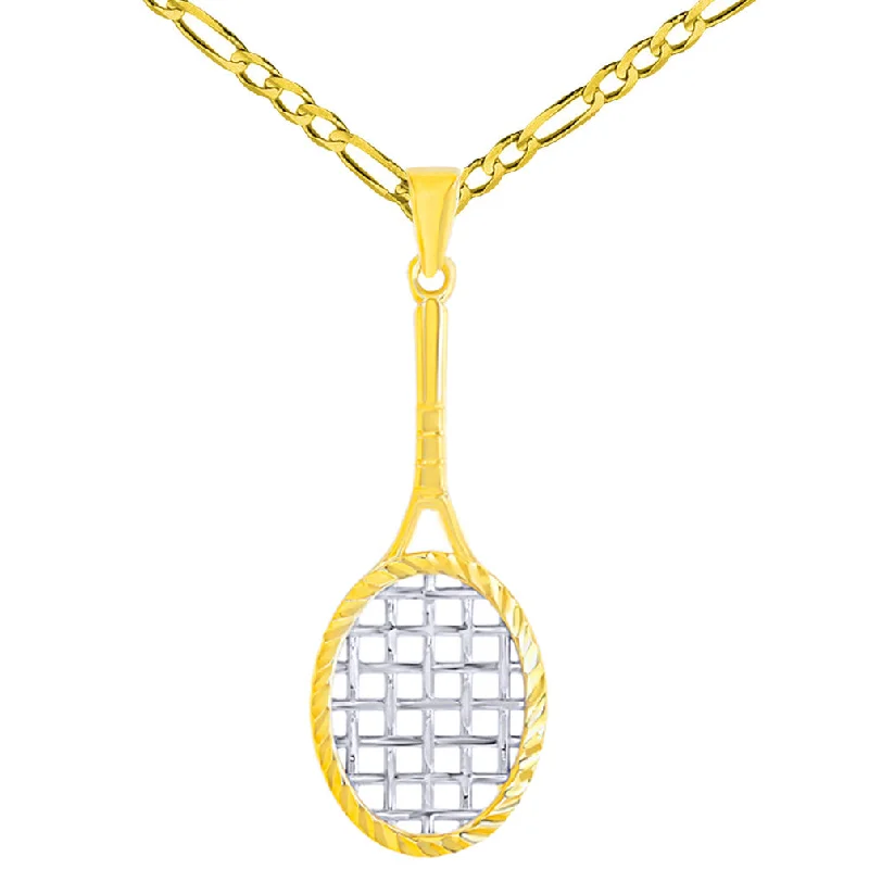 14K Yellow Gold Tennis Racquet with Texture Sports Pendant Necklace