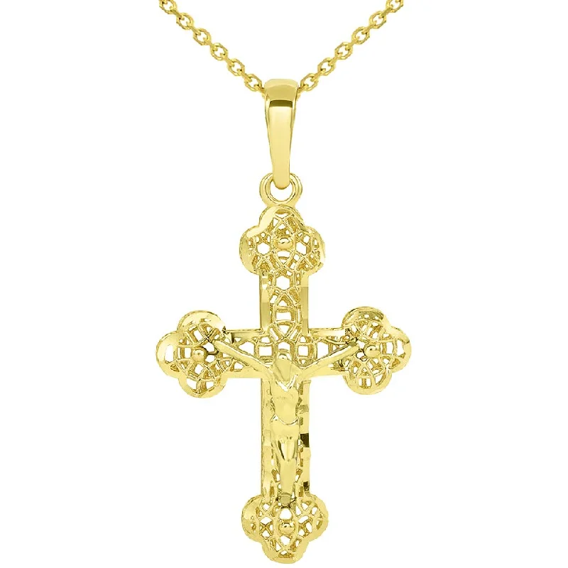 14k Yellow Gold Textured Filigree Eastern Orthodox Cross 3D Jesus Crucifix Pendant - Available with Rolo, Curb, or Figaro Chain Necklaces