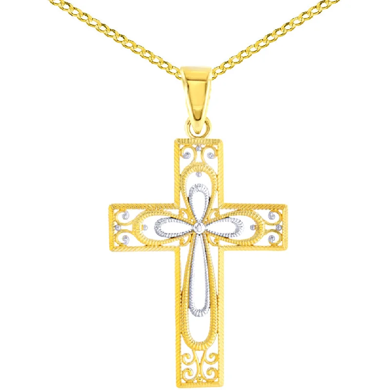 14K Yellow Gold Textured Milgrain Filigree Cross Pendant Cuban Chain Necklace