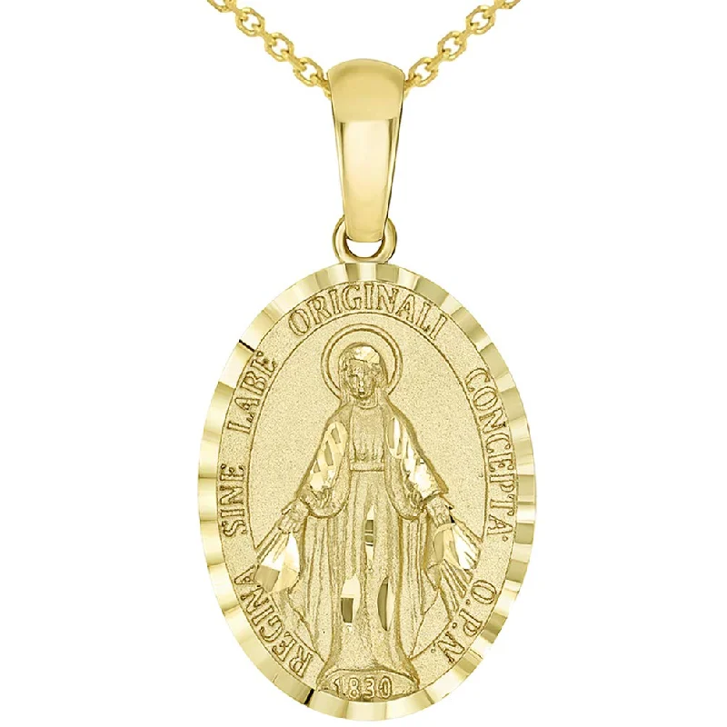 14k Yellow Gold Traditional Virgin Mary Miraculous Catholic Medal Pendant Necklace Available with Rolo, Curb, or Figaro Chain