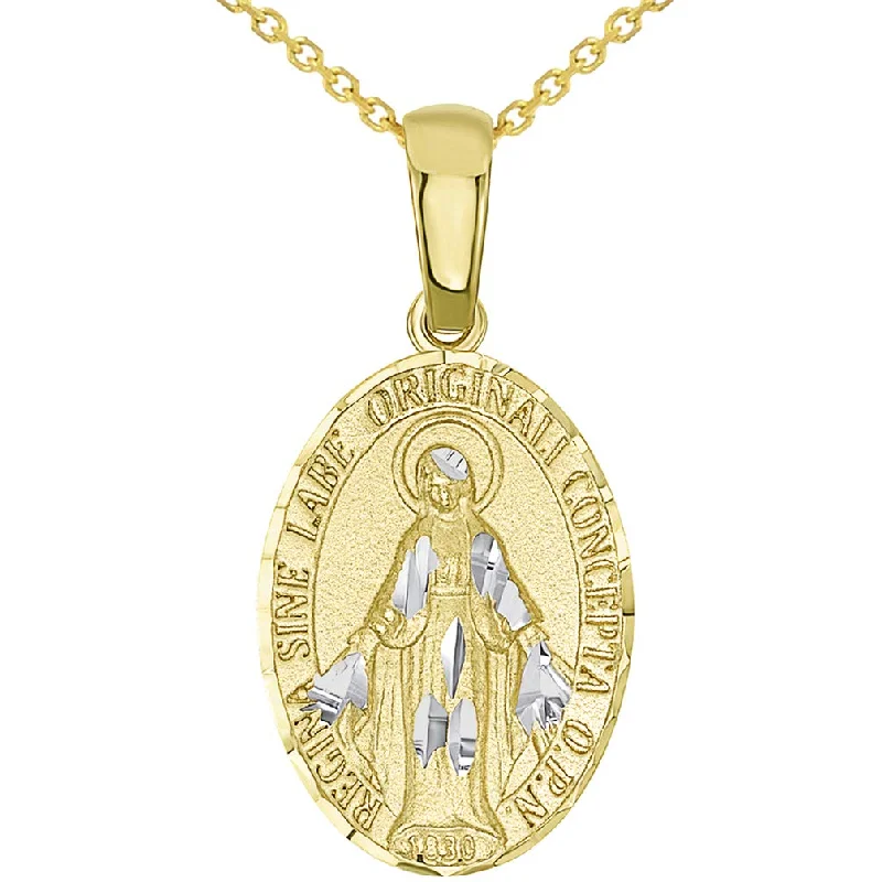 14k Yellow Gold Traditional Virgin Mary Miraculous Small Catholic Medal Pendant Necklace Available with Rolo, Curb, or Figaro Chain