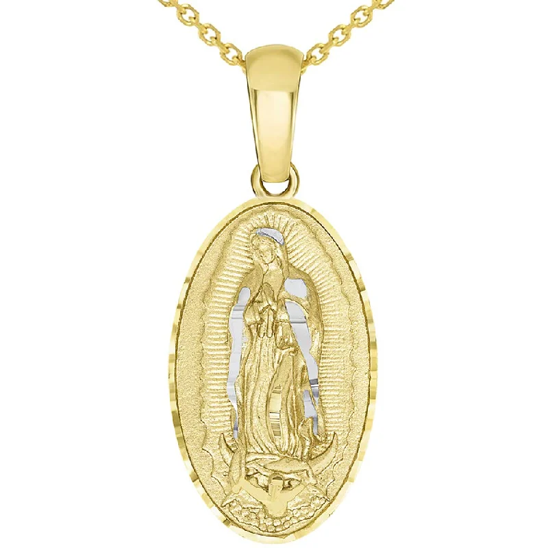 14k Yellow Gold Traditional Virgin of Guadalupe Oval Medal Pendant Necklace Available with Rolo, Curb, or Figaro Chain