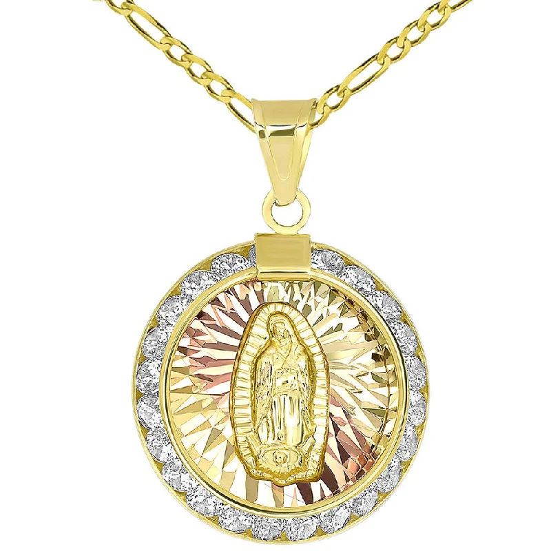 14K Yellow Gold Tri-Tone Round Our Lady Of Guadalupe Elegant CZ Medallion Pendant Figaro Chain Necklace