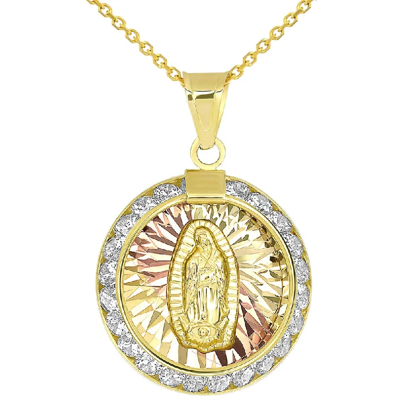 14K Yellow Gold Tri-Tone Round Shaped Our Lady Of Guadalupe Elegant CZ Medallion Pendant Necklace