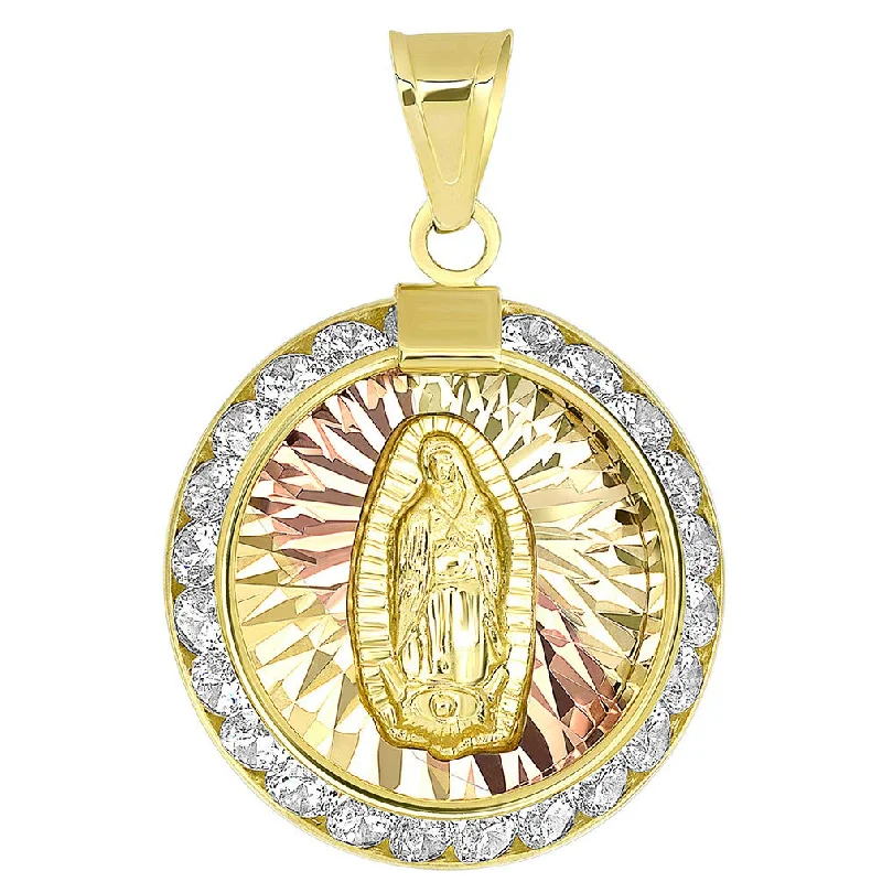 14K Yellow Gold Tri-Tone Round Shaped Our Lady Of Guadalupe Elegant CZ Medallion Pendant (Small)