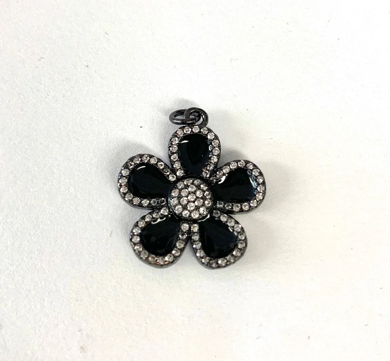 Black Enamel Flower with Pave Charm