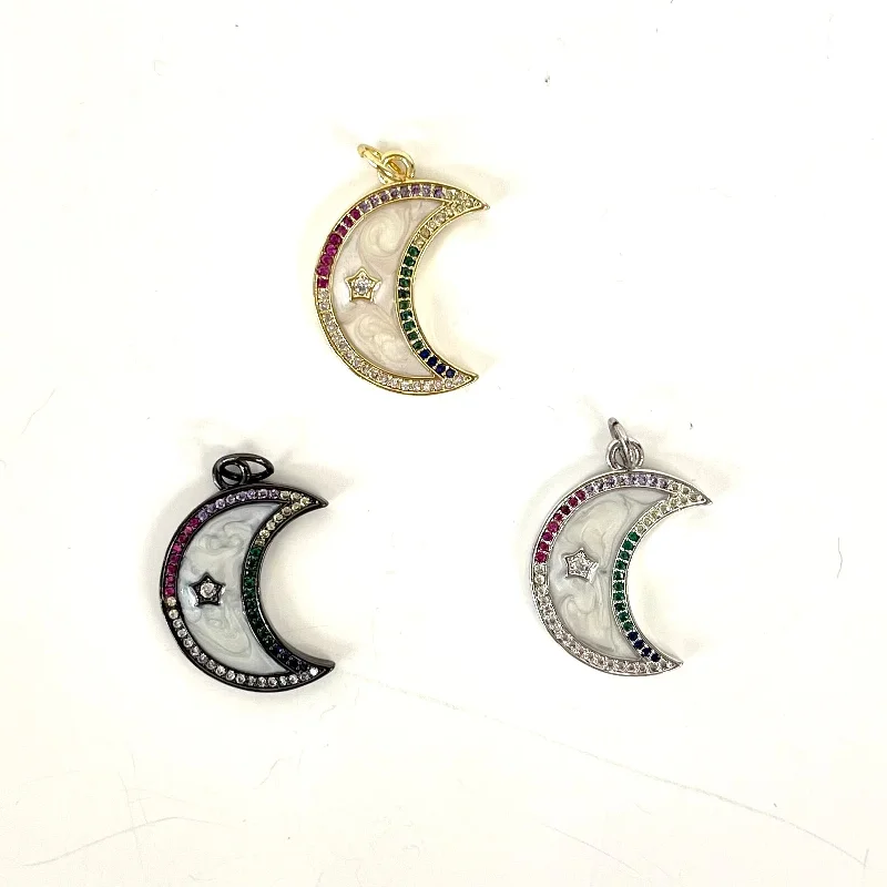 Colorful CZ and Marble Moon Charm with Star