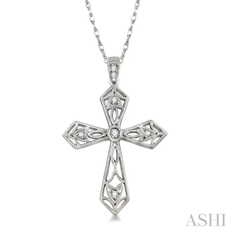 1/10 Ctw Round Cut Diamond Cross Pendant in 14K White Gold with Chain