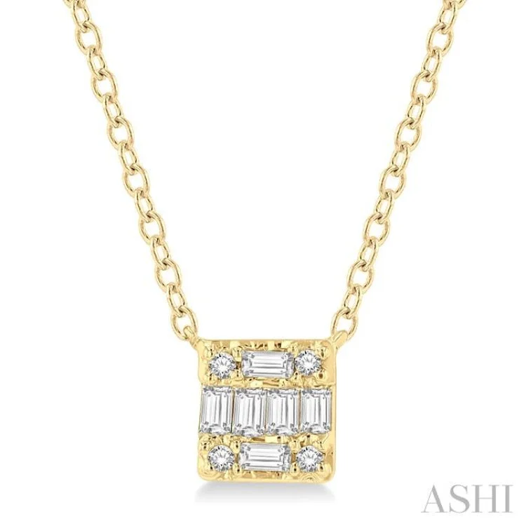 1/8 Ctw Square Shape Baguette and Round Cut Diamond Petite Fashion Pendant With Chain in 10K Yellow Gold