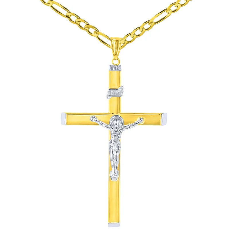 High Polish 14K Two-Tone Gold Large Cross Catholic Crucifix Pendant Necklace