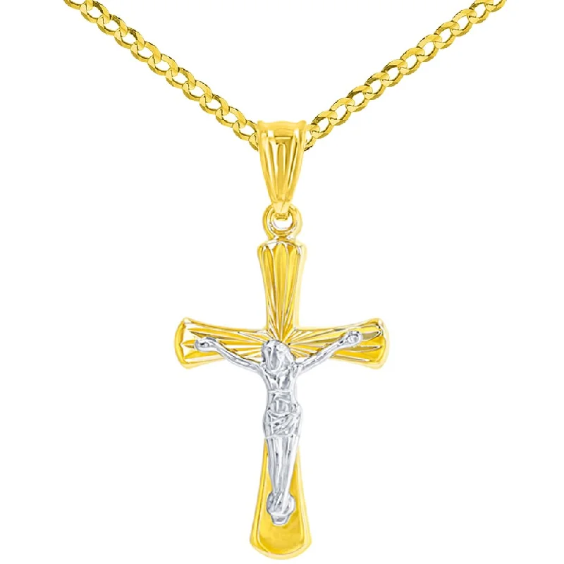 High Polish 14K Two Tone Gold Textured Cross Passion Crucifix Pendant Necklace