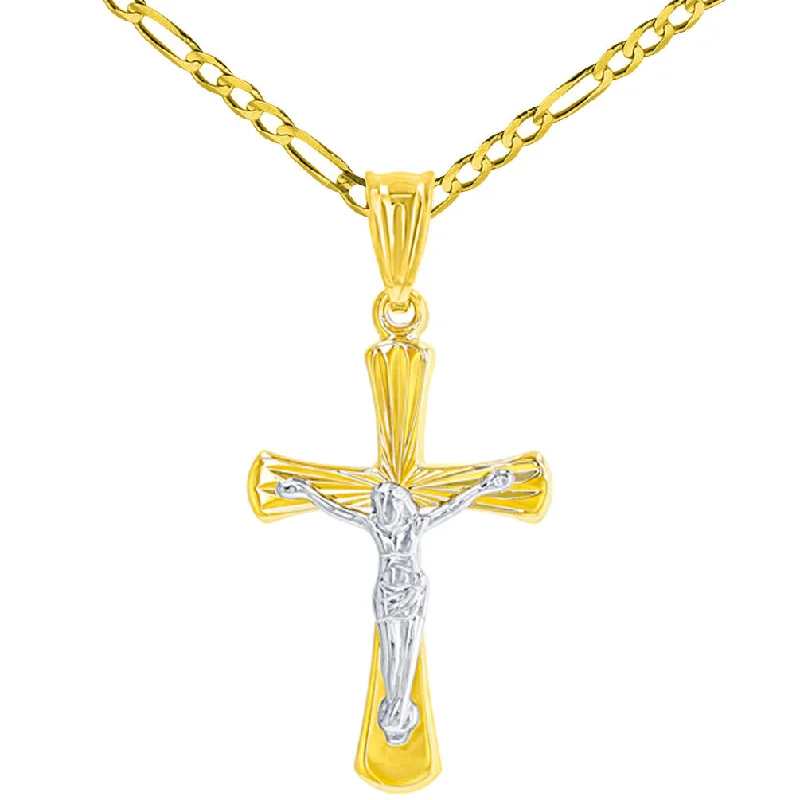 High Polish 14K Two Tone Gold Textured Cross Passion Crucifix Pendant Necklace