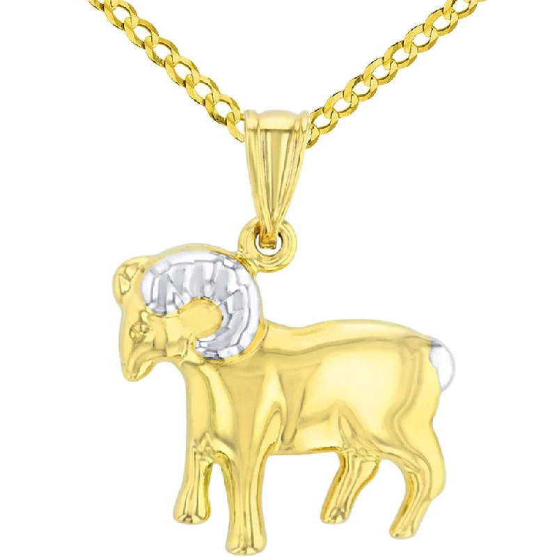 High Polish 14K Yellow Gold Aries Zodiac Sign Pendant Ram Charm Cuban Chain Necklace