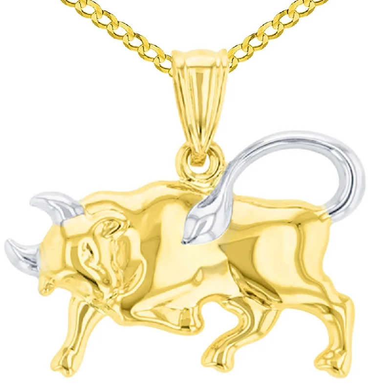 High Polish 14K Yellow Gold Bull Pendant Taurus Zodiac Sign Charm Cuban Chain Necklace